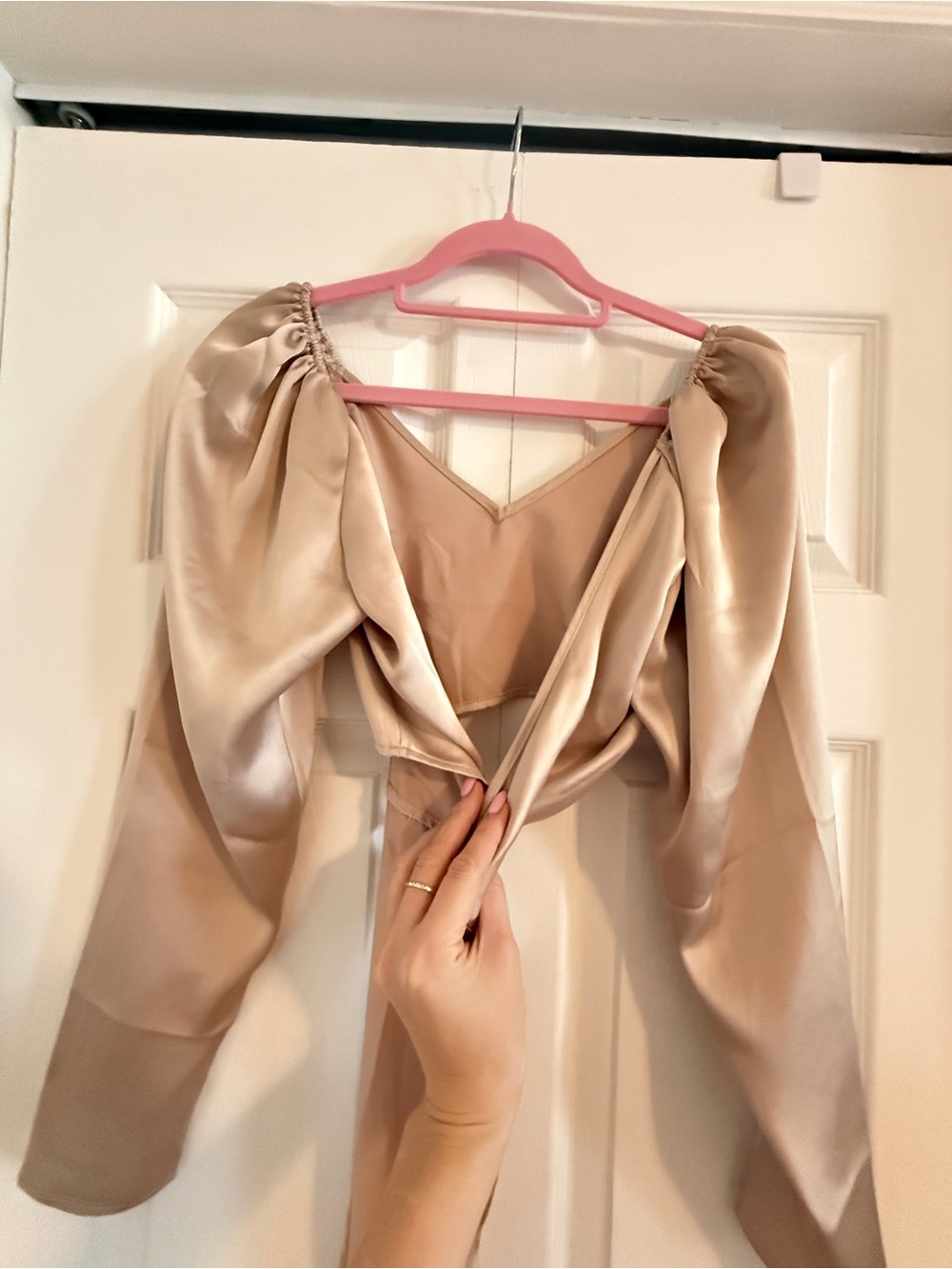 New Satin Puff Sleeve Crop Top in Champagne, Front Ties, Size XS-M